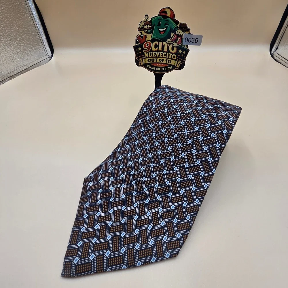 Perry Ellis Portfolio Mens Silk Tie Brown Blue Geometric Pattern Made in USA